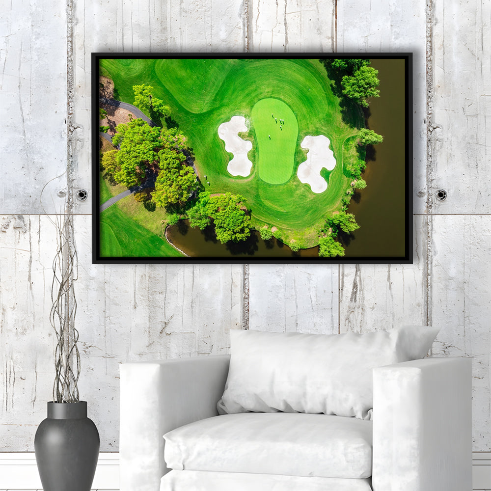 Aerial View Of Green Golf Course In Summer, Floating Framed Canvas Print Wall Art