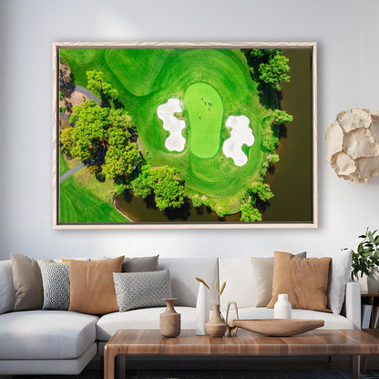 Aerial View Of Green Golf Course In Summer, Floating Framed Canvas Print Wall Art