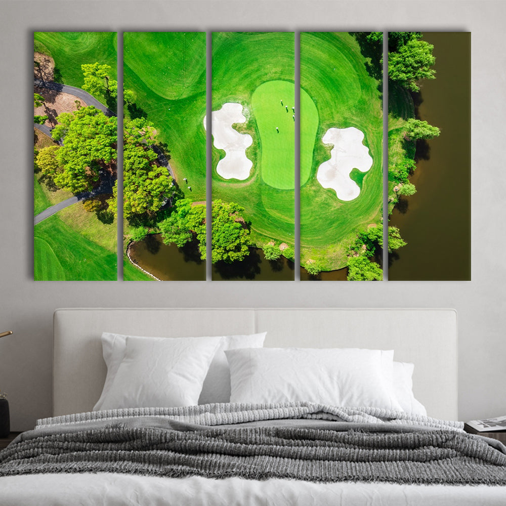 Aerial View Of Green Golf Course In Summer, Golf Art Print, Extra Large Canvas Print Wall Art