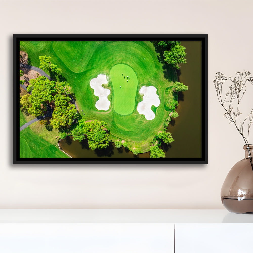 Aerial View Of Green Golf Course In Summer, Floating Framed Canvas Print Wall Art