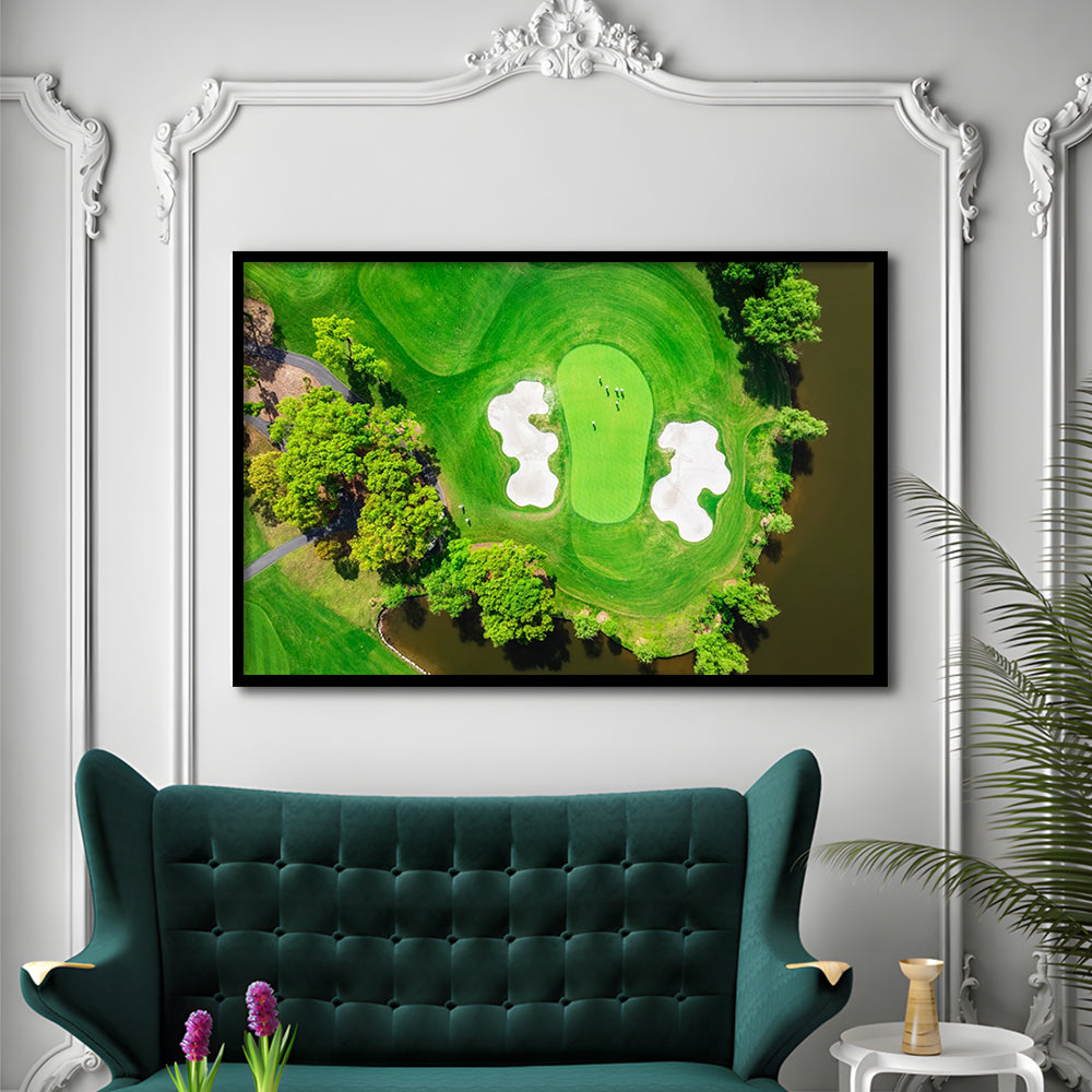 Aerial View Of Green Golf Course In Summer, Framed Art Print Wall Decor, Picture Framed