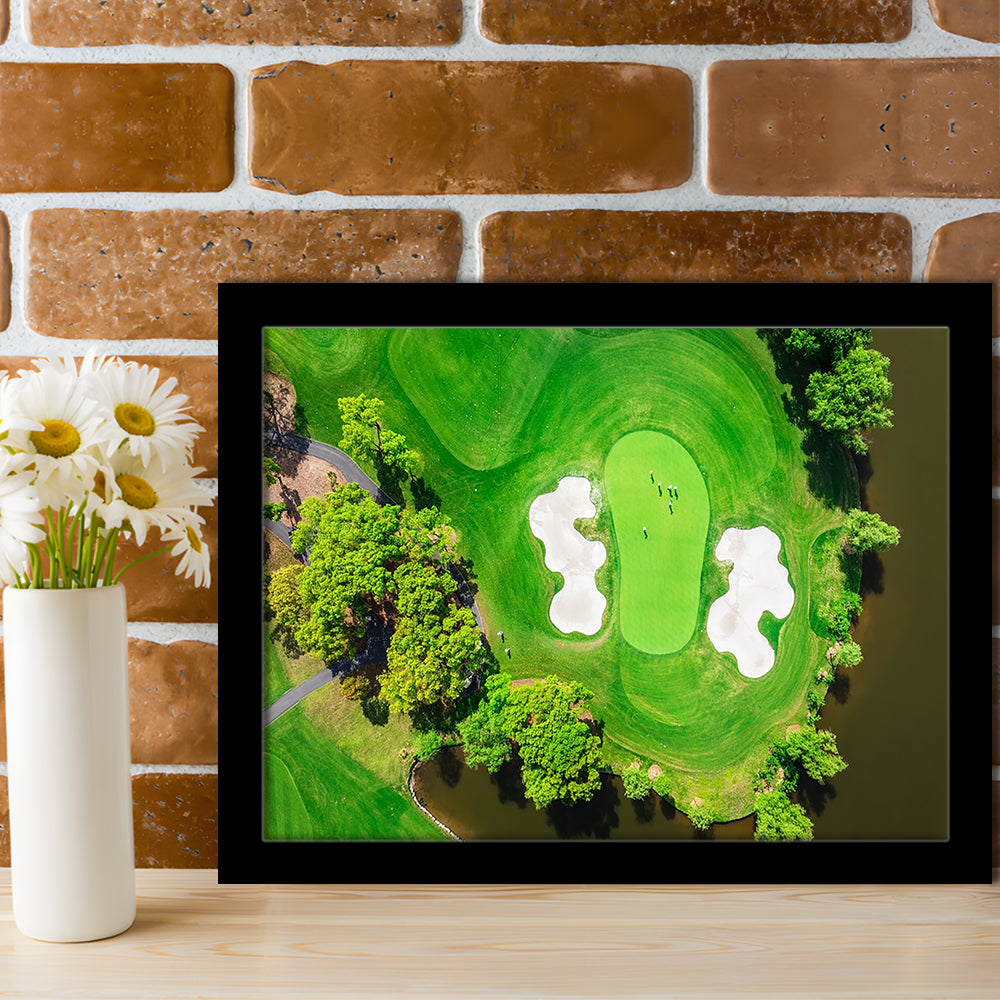 Aerial View Of Green Golf Course In Summer, Framed Art Print Wall Decor, Picture Framed