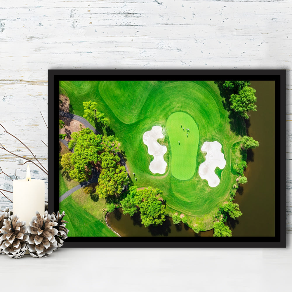Aerial View Of Green Golf Course In Summer, Floating Framed Canvas Print Wall Art