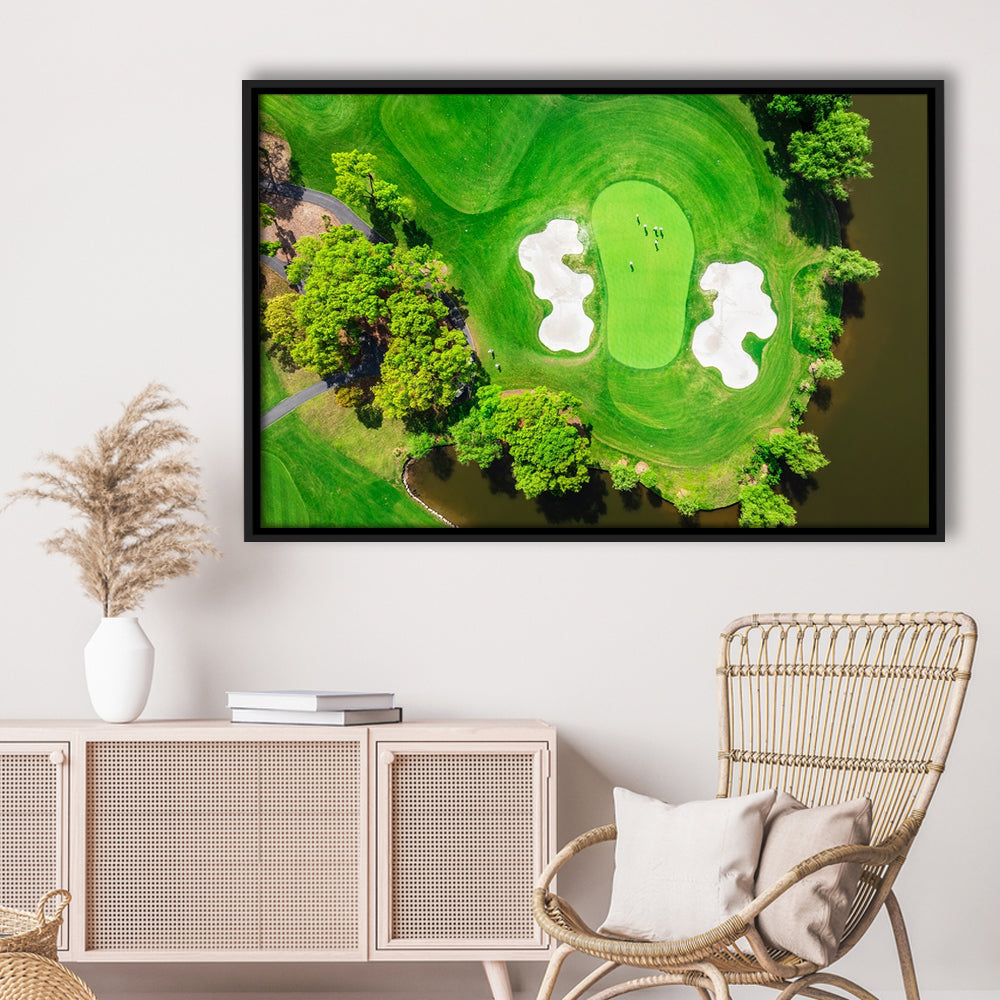 Aerial View Of Green Golf Course In Summer, Floating Framed Canvas Print Wall Art