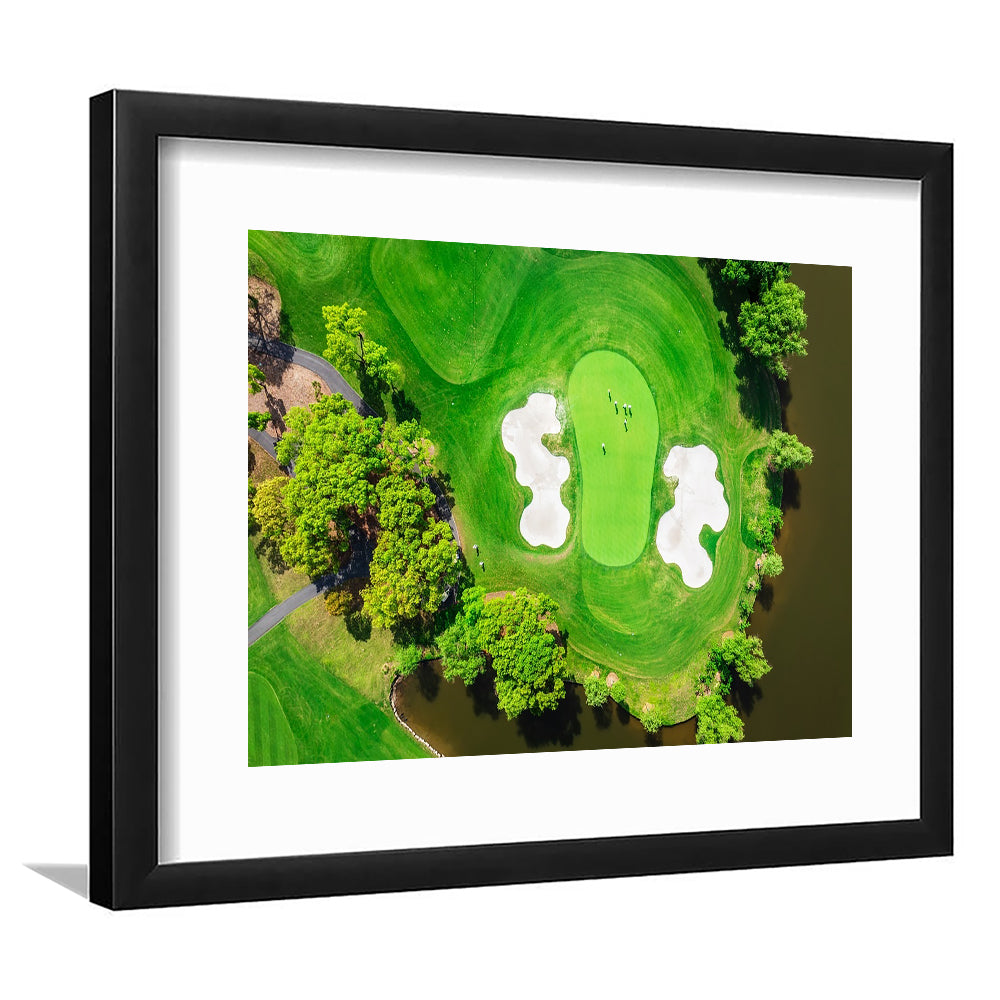 Aerial View Of Green Golf Course In Summer, Goft Art Print, Framed Art Print White Border Wall Decor