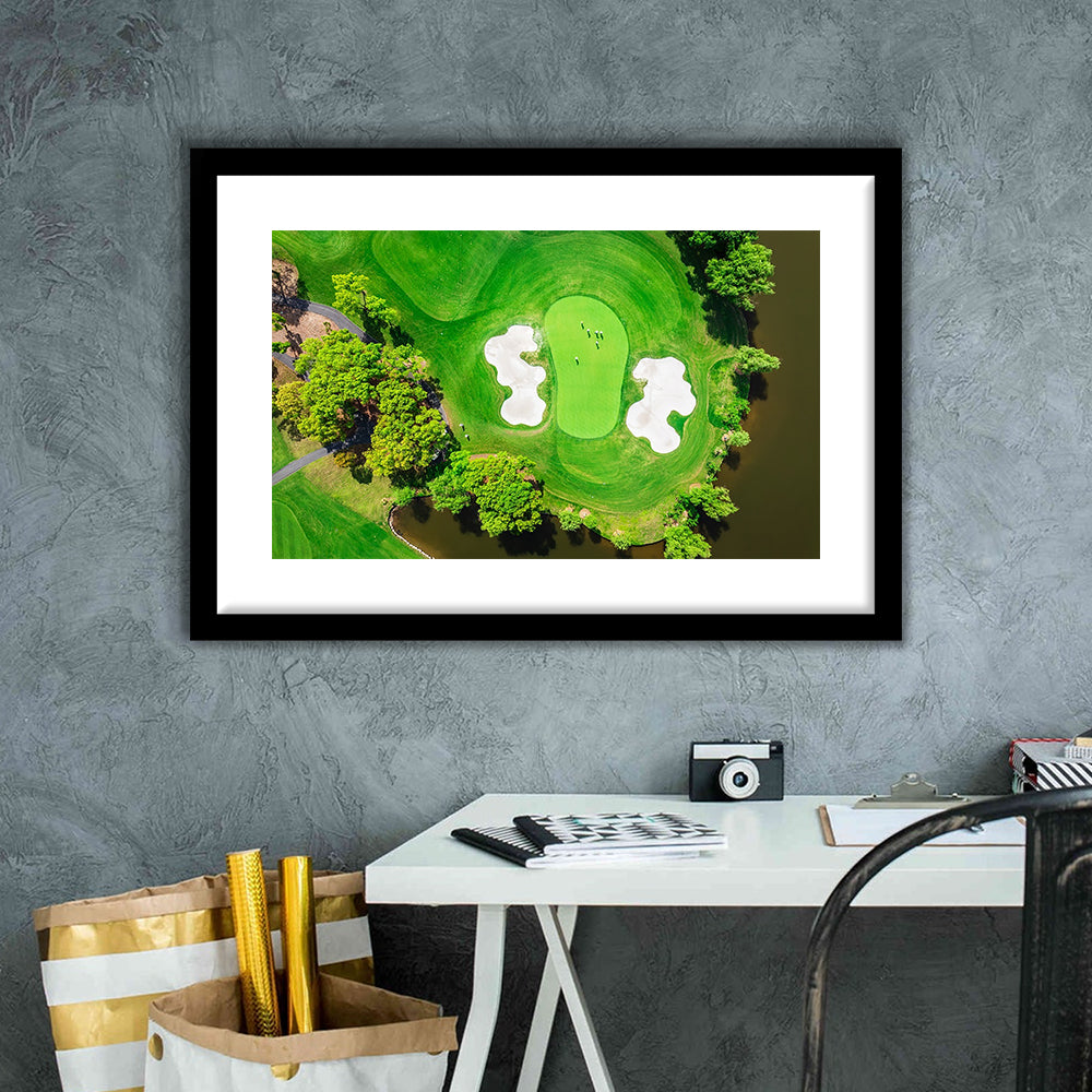 Aerial View Of Green Golf Course In Summer, Goft Art Print, Framed Art Print White Border Wall Decor