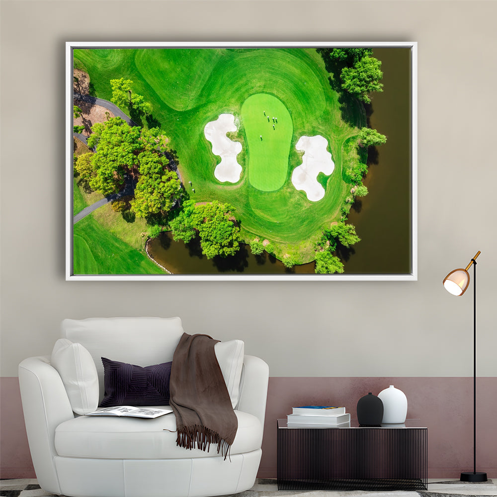 Aerial View Of Green Golf Course In Summer, Floating Framed Canvas Print Wall Art