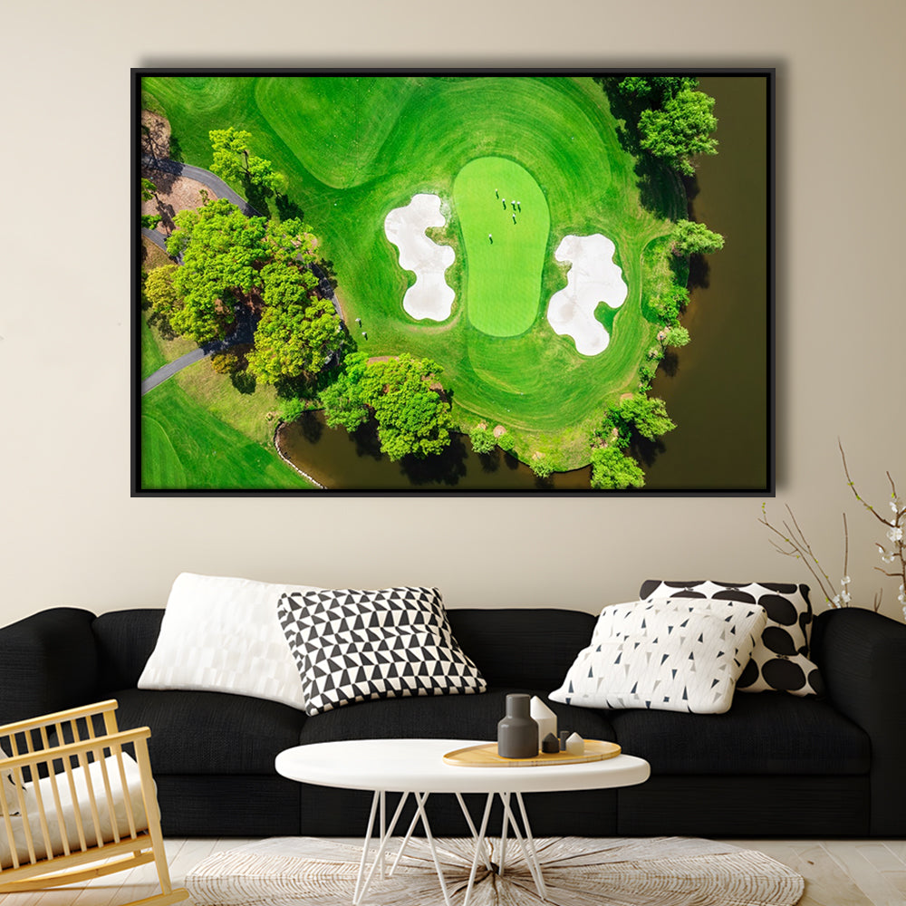 Aerial View Of Green Golf Course In Summer, Floating Framed Canvas Print Wall Art