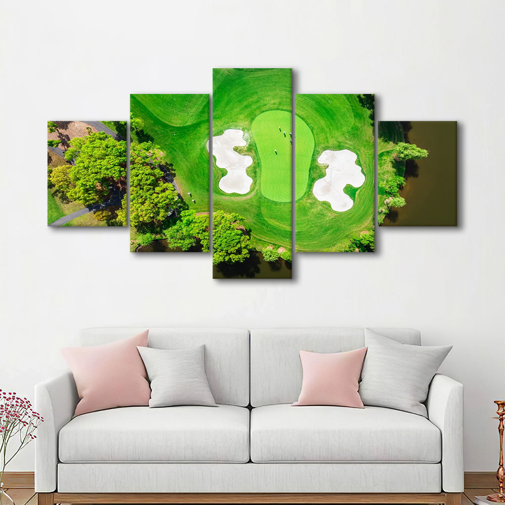 Aerial View Of Green Golf Course In Summer, Golf Art Print, 5 Pieces Mixed Canvas Print Wall Art