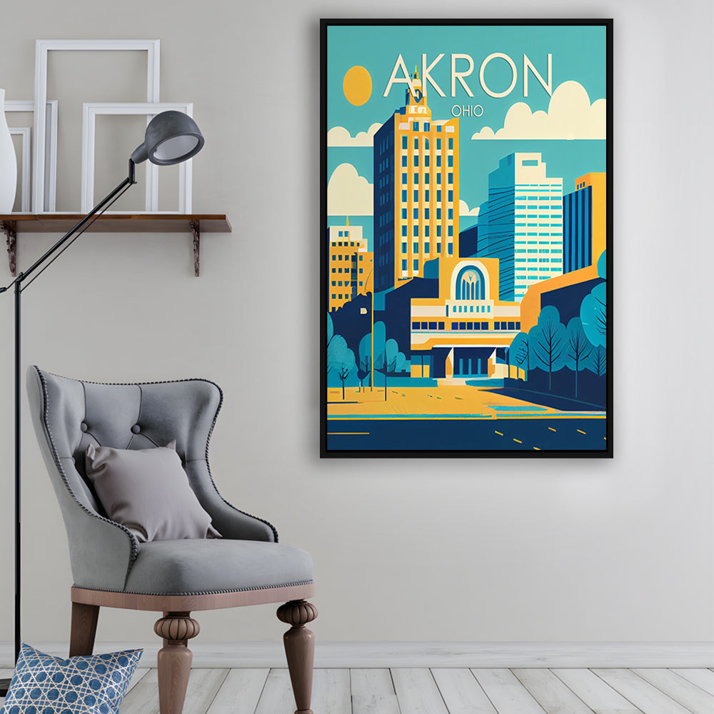 Akron Ohio Retro Art Print, Akron City Wall Art, Floating Framed Canvas Print, Framed Picture, Painting Canvas