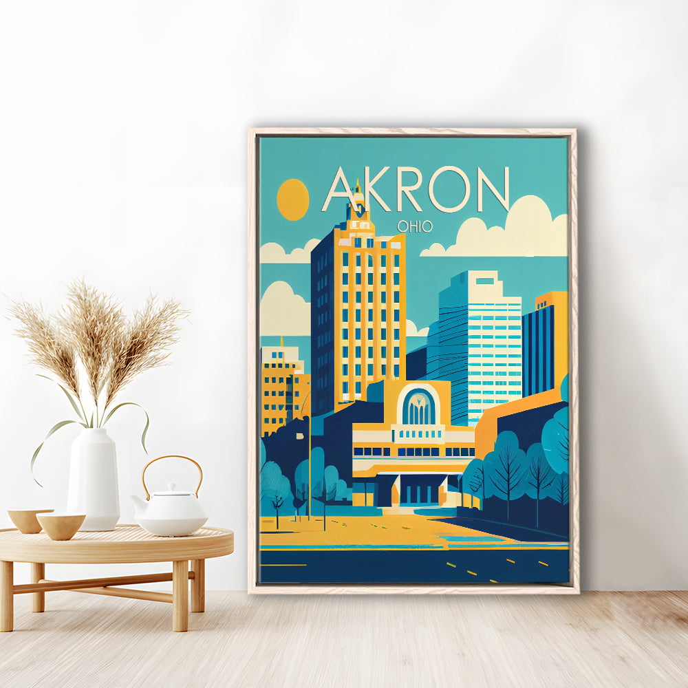 Akron Ohio Retro Art Print, Akron City Wall Art, Floating Framed Canvas Print, Framed Picture, Painting Canvas