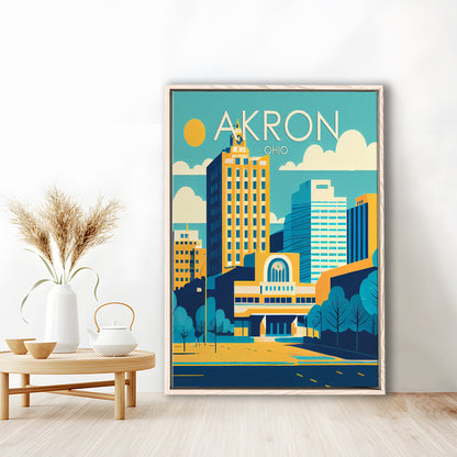 Akron Ohio Retro Art Print, Akron City Wall Art, Floating Framed Canvas Print, Framed Picture, Painting Canvas