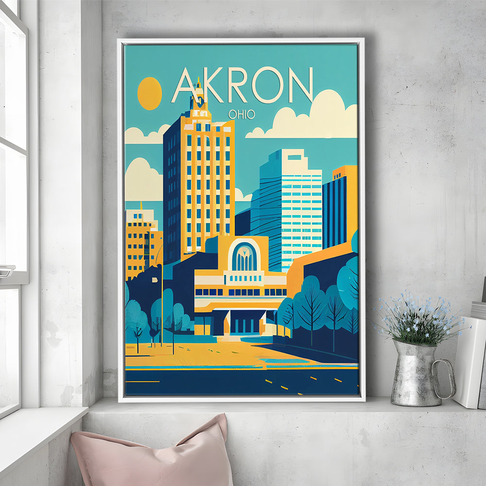 Akron Ohio Retro Art Print, Akron City Wall Art, Floating Framed Canvas Print, Framed Picture, Painting Canvas