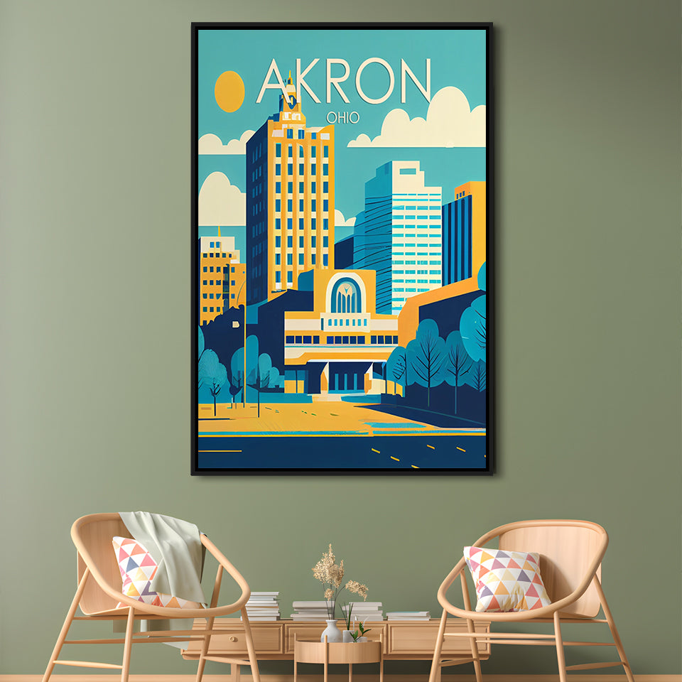 Akron Ohio Retro Art Print, Akron City Wall Art, Floating Framed Canvas Print, Framed Picture, Painting Canvas