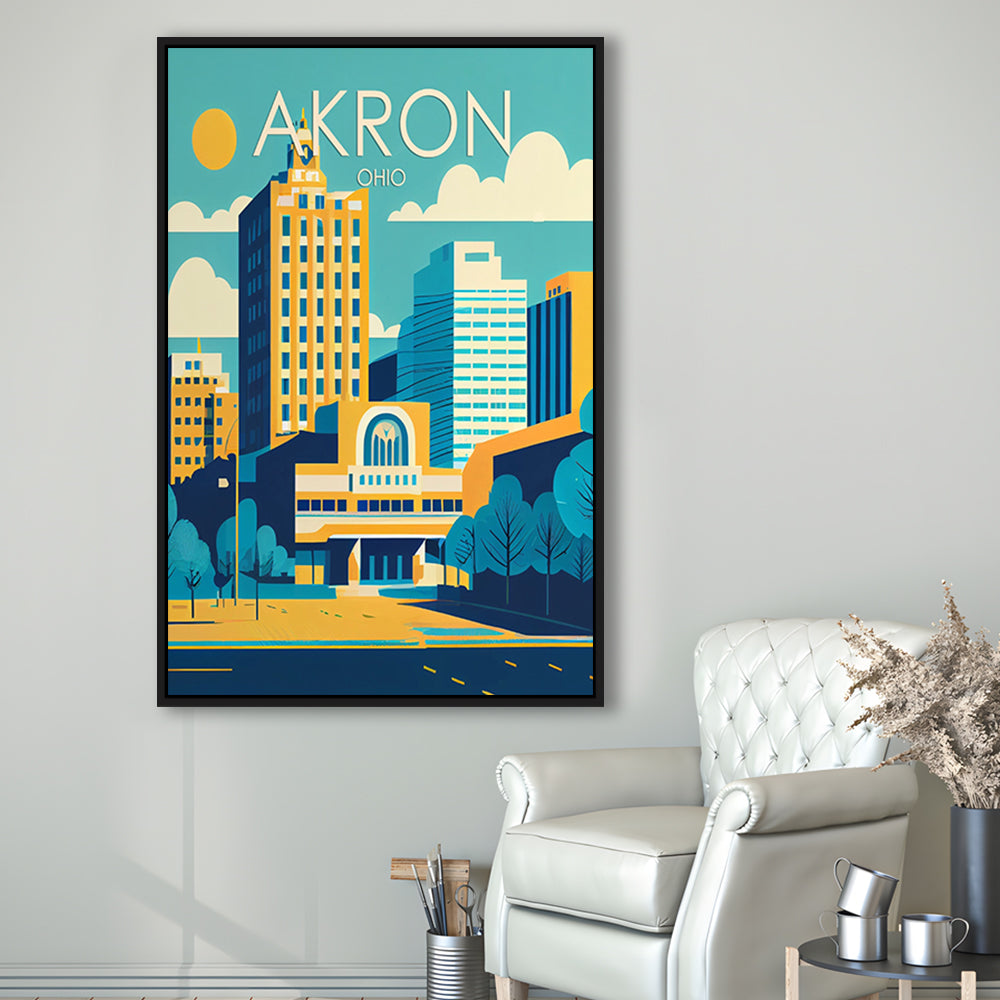 Akron Ohio Retro Art Print, Akron City Wall Art, Floating Framed Canvas Print, Framed Picture, Painting Canvas