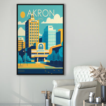 Akron Ohio Retro Art Print, Akron City Wall Art, Floating Framed Canvas Print, Framed Picture, Painting Canvas