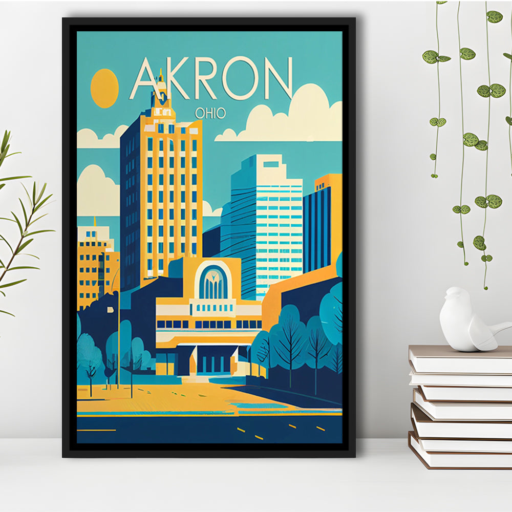Akron Ohio Retro Art Print, Akron City Wall Art, Floating Framed Canvas Print, Framed Picture, Painting Canvas