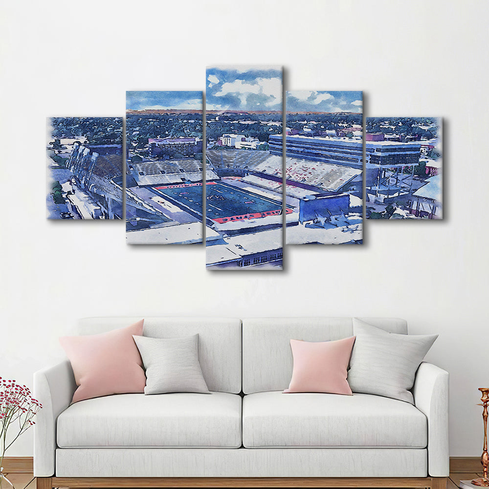 Albertsons Painting Stadium Watercolor, Boise Idaho Wall Art Decor, Sport Art, Mixed 5 Panel, Canvas Print Wall Art