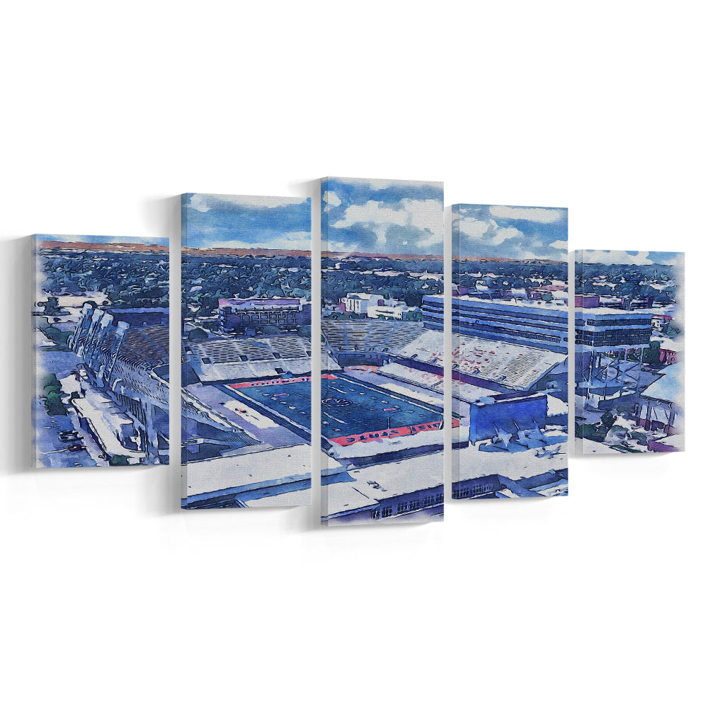 Albertsons Painting Stadium Watercolor, Boise Idaho Wall Art Decor, Sport Art, Mixed 5 Panel, Canvas Print Wall Art