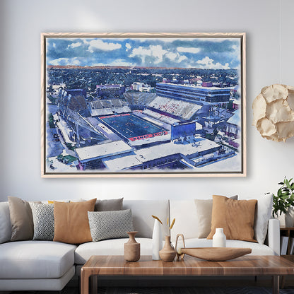 Albertsons Painting Stadium Watercolor, Boise Idaho Wall Art Decor, Sport Gift Art, Framed Canvas Print Wall Art