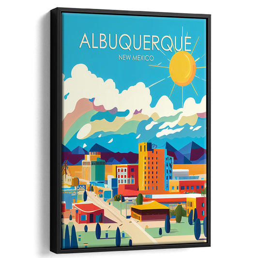Albuquerque New Mexico Retro Art Print, Albuquerque City Wall Art, Floating Framed Canvas Print, Framed Picture, Painting Canvas