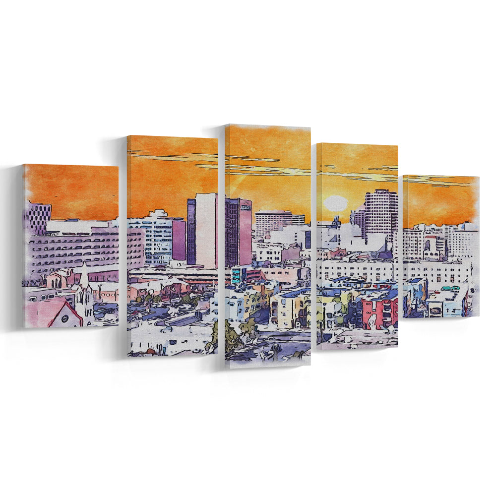 Albuquerque Watercolor, Albuquerque New Mexico, Sport Art, Mixed 5 Panel, Canvas Print Wall Art