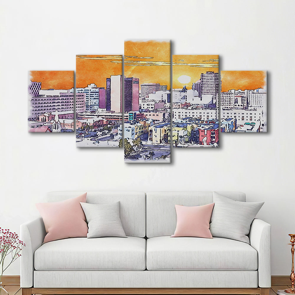 Albuquerque Watercolor, Albuquerque New Mexico, Sport Art, Mixed 5 Panel, Canvas Print Wall Art