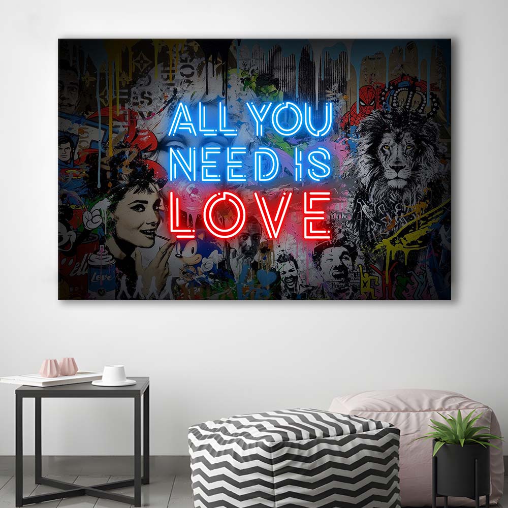 All You Need Is Love Art Print, Canvas Print Wall Art, Wall Decor, Neon Effect Art