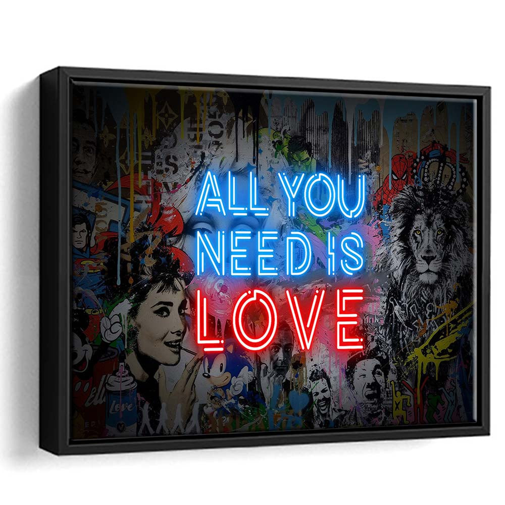 All You Need Is Love Art Print, Framed Canvas Print Wall Art Decor, Floating Frame, Neon Effect Art