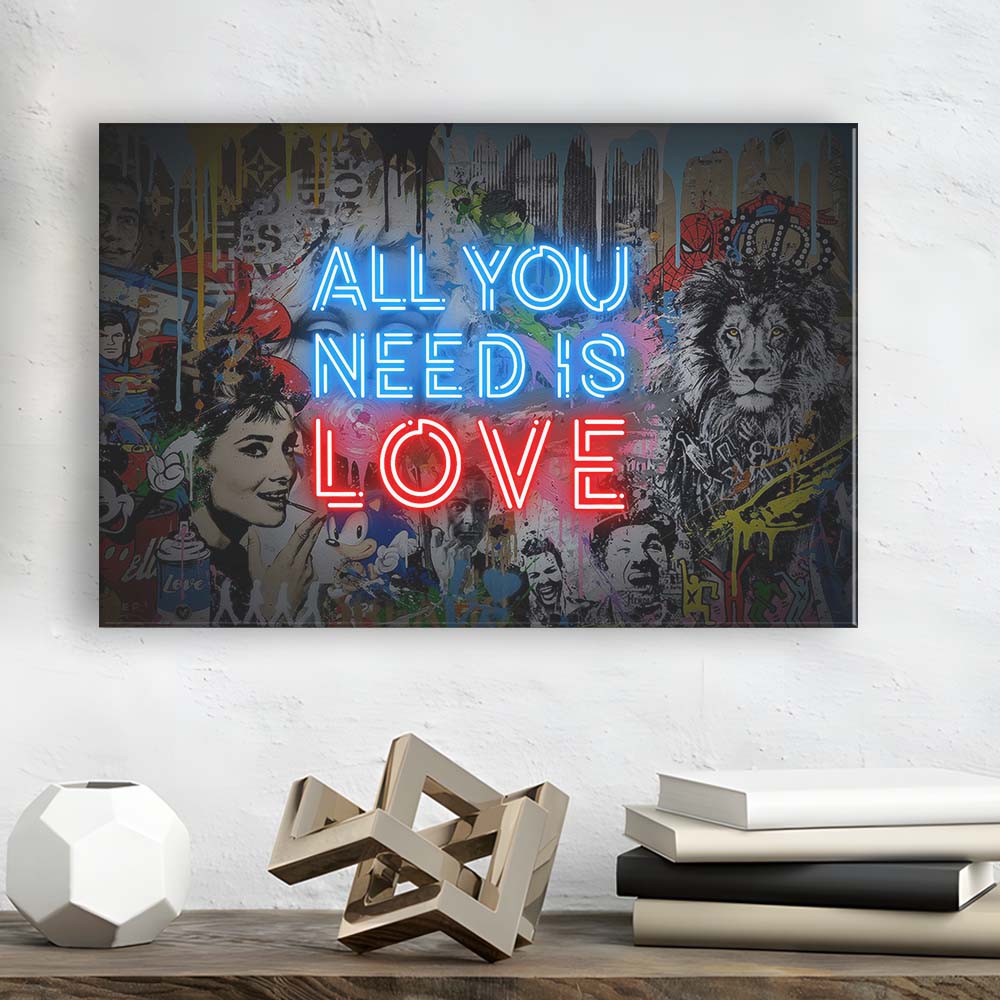 All You Need Is Love Art Print, Canvas Print Wall Art, Wall Decor, Neon Effect Art