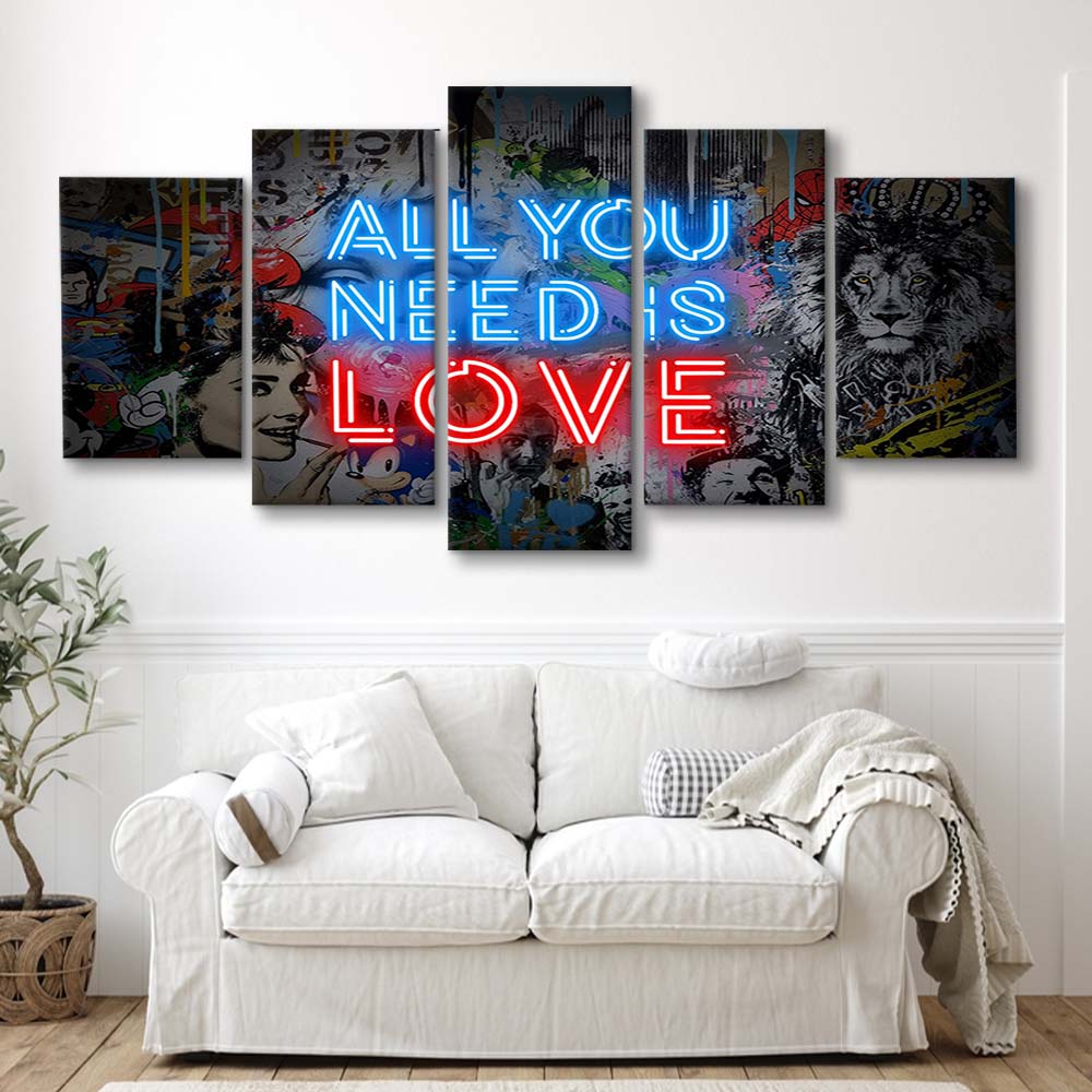 All You Need Is Love Art Print, 5 Panel Mixed Canvas Print Wall Art, Home Decor, Neon Canvas
