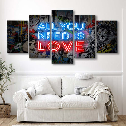 All You Need Is Love Art Print, 5 Panel Mixed Canvas Print Wall Art, Home Decor, Neon Canvas