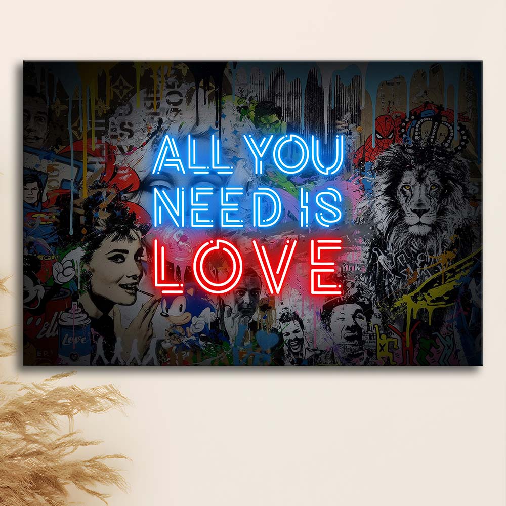 All You Need Is Love Art Print, Canvas Print Wall Art, Wall Decor, Neon Effect Art