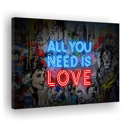 All You Need Is Love Art Print, Canvas Print Wall Art, Wall Decor, Neon Effect Art