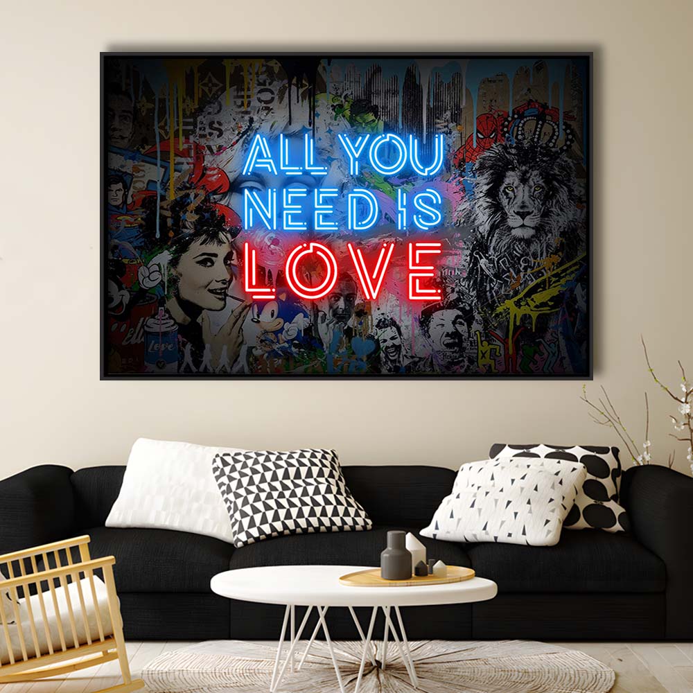 All You Need Is Love Art Print, Framed Canvas Print Wall Art Decor, Floating Frame, Neon Effect Art