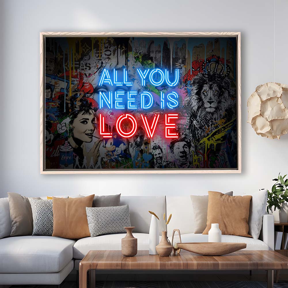All You Need Is Love Art Print, Framed Canvas Print Wall Art Decor, Floating Frame, Neon Effect Art