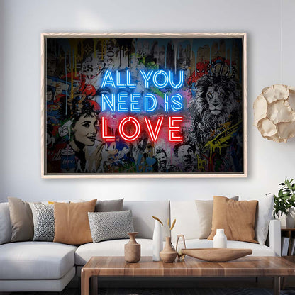 All You Need Is Love Art Print, Framed Canvas Print Wall Art Decor, Floating Frame, Neon Effect Art