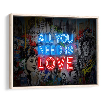 All You Need Is Love Art Print, Framed Canvas Print Wall Art Decor, Floating Frame, Neon Effect Art