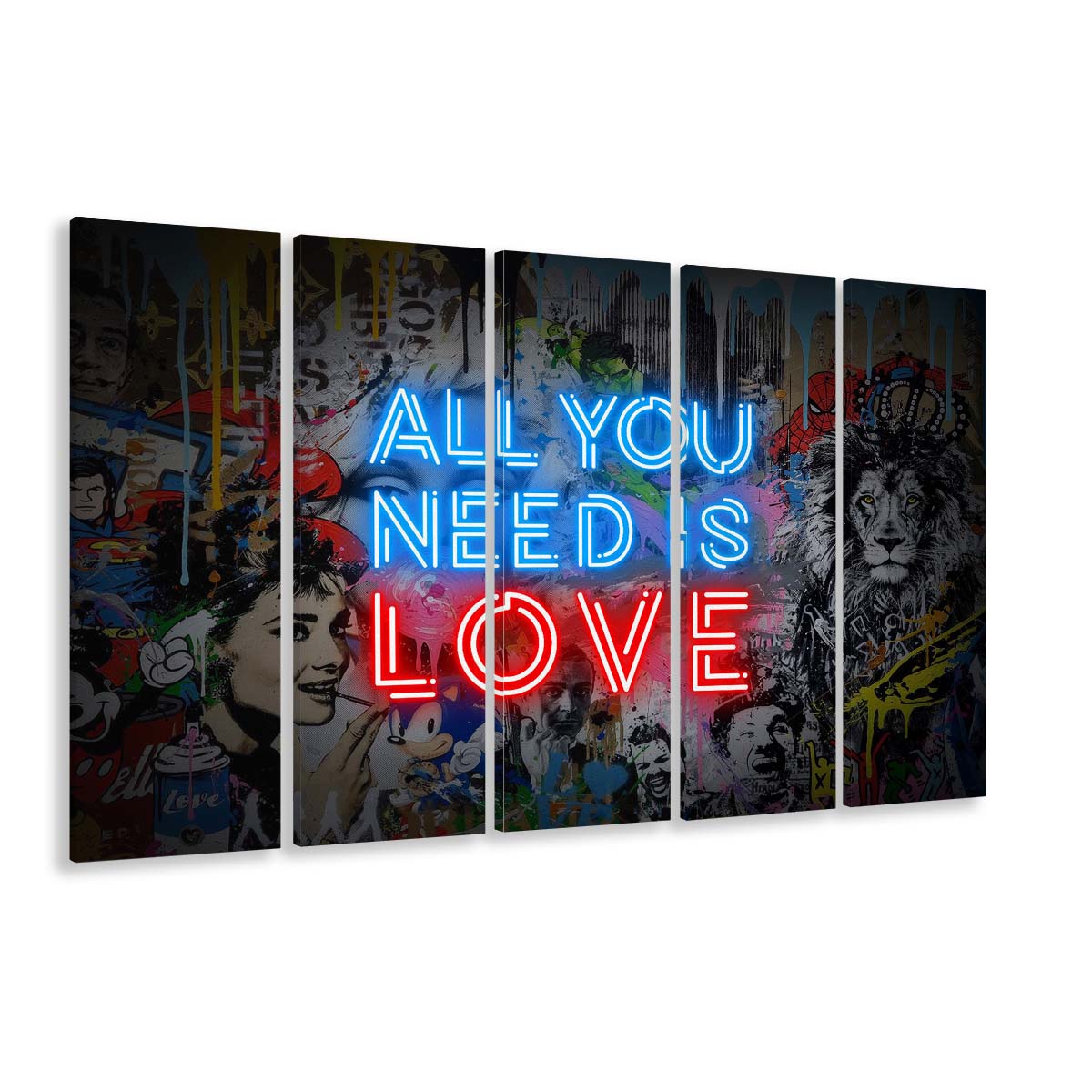 All You Need Is Love Art Print, Extra Large 5 Panels Multi Canvas Print Wall Art, Home Decor