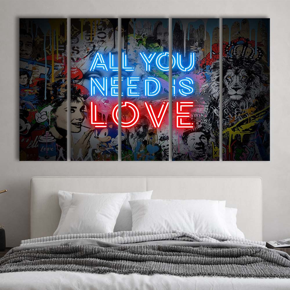 All You Need Is Love Art Print, Extra Large 5 Panels Multi Canvas Print Wall Art, Home Decor