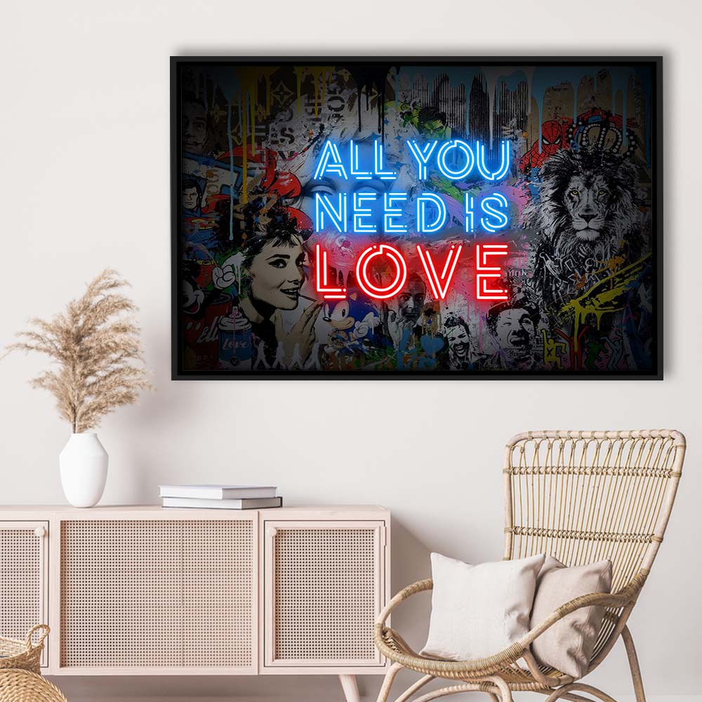 All You Need Is Love Art Print, Framed Canvas Print Wall Art Decor, Floating Frame, Neon Effect Art