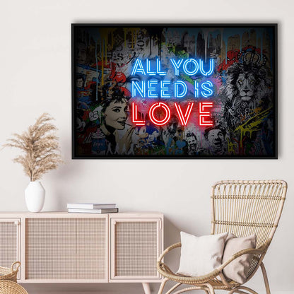 All You Need Is Love Art Print, Framed Canvas Print Wall Art Decor, Floating Frame, Neon Effect Art