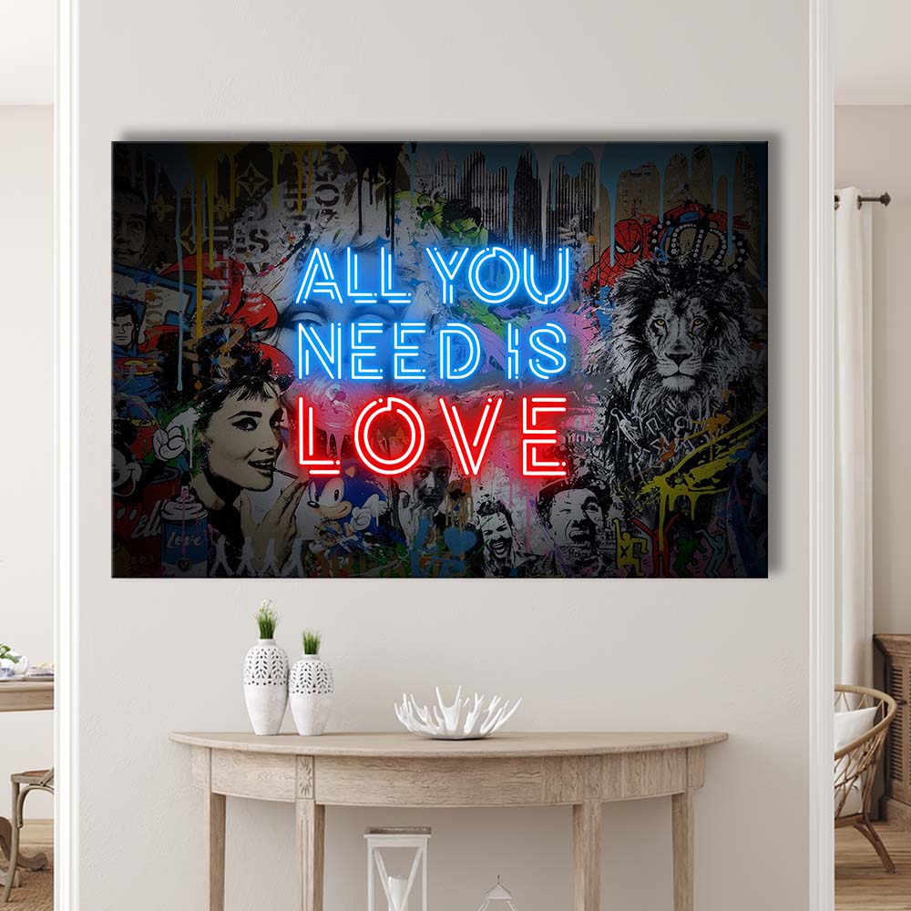 All You Need Is Love Art Print, Canvas Print Wall Art, Wall Decor, Neon Effect Art