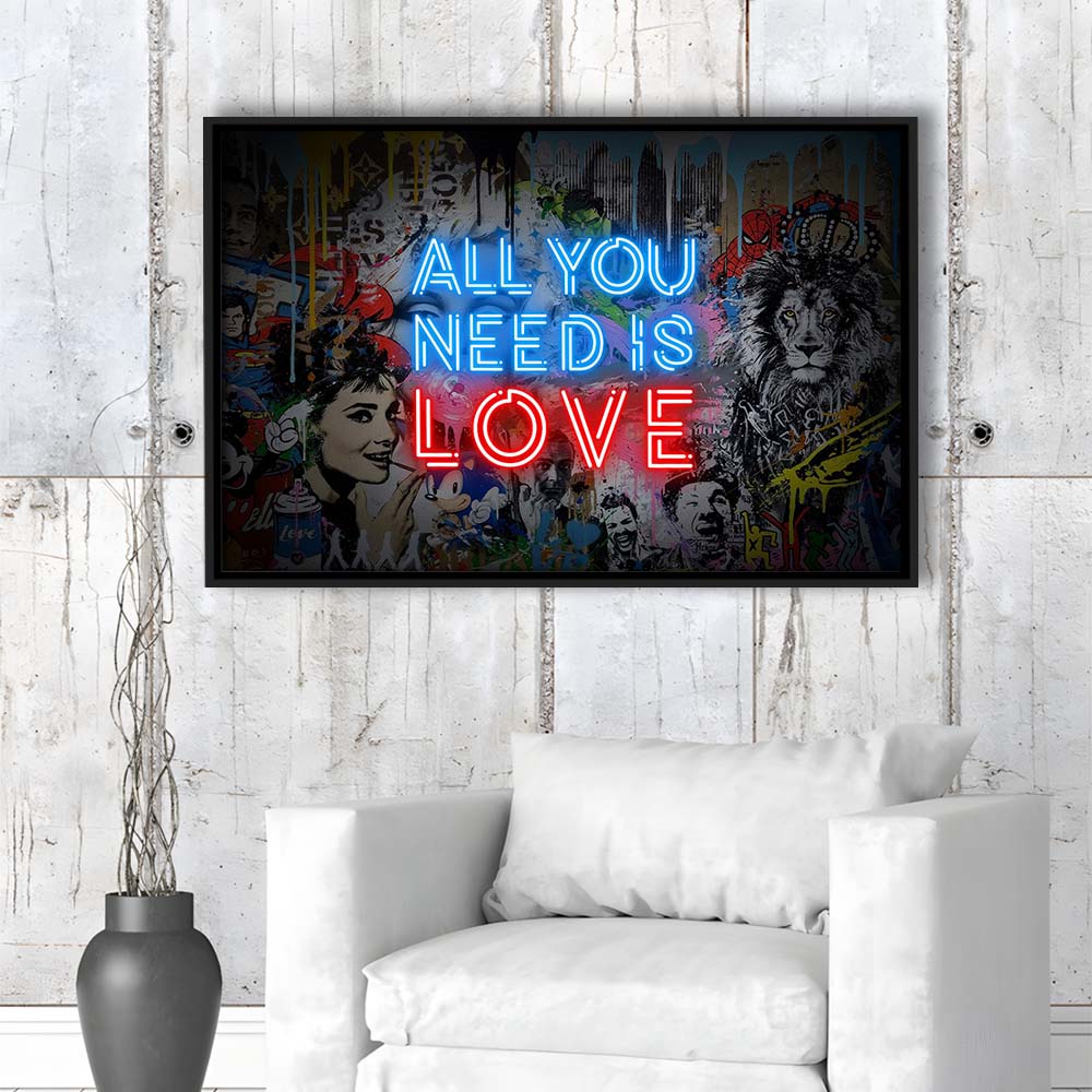 All You Need Is Love Art Print, Framed Canvas Print Wall Art Decor, Floating Frame, Neon Effect Art