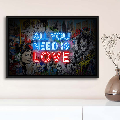 All You Need Is Love Art Print, Framed Canvas Print Wall Art Decor, Floating Frame, Neon Effect Art