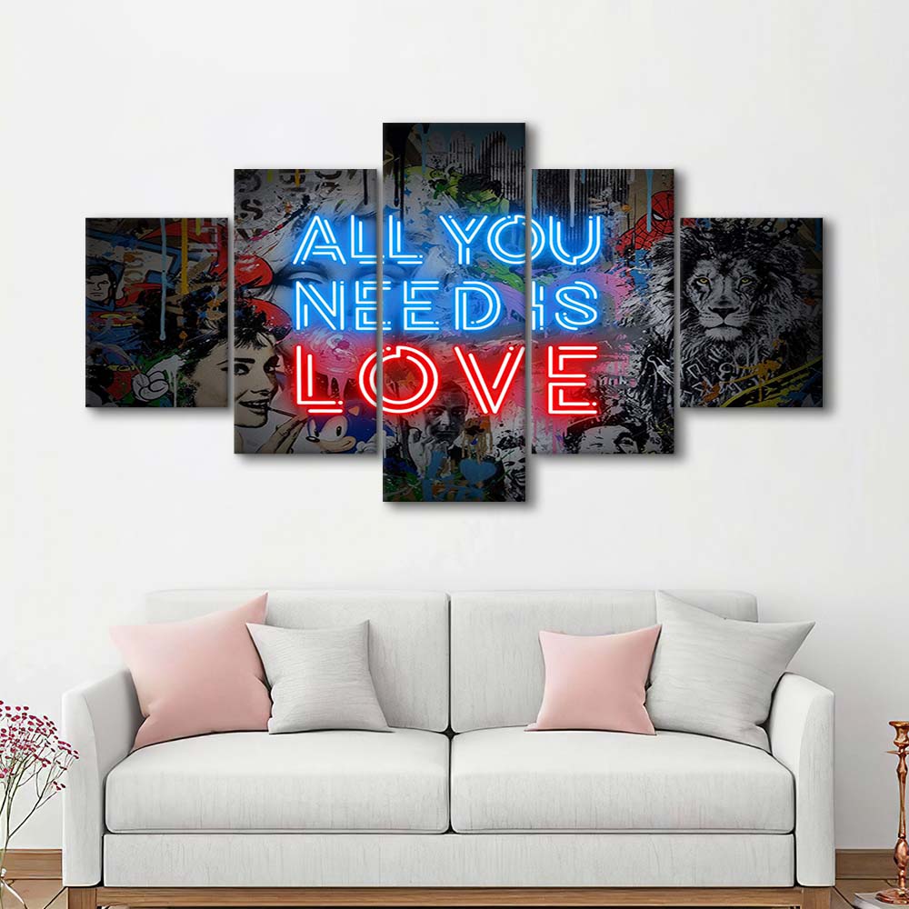 All You Need Is Love Art Print, 5 Panel Mixed Canvas Print Wall Art, Home Decor, Neon Canvas