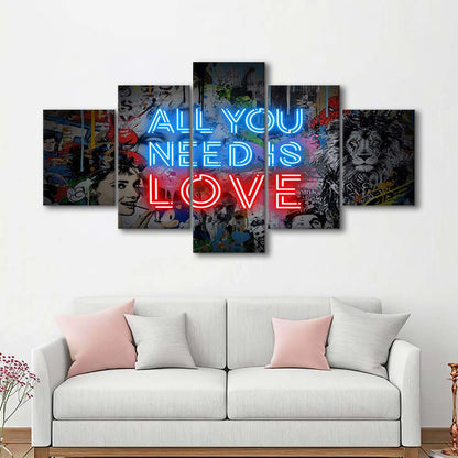 All You Need Is Love Art Print, 5 Panel Mixed Canvas Print Wall Art, Home Decor, Neon Canvas