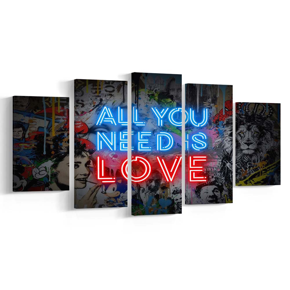 All You Need Is Love Art Print, 5 Panel Mixed Canvas Print Wall Art, Home Decor, Neon Canvas