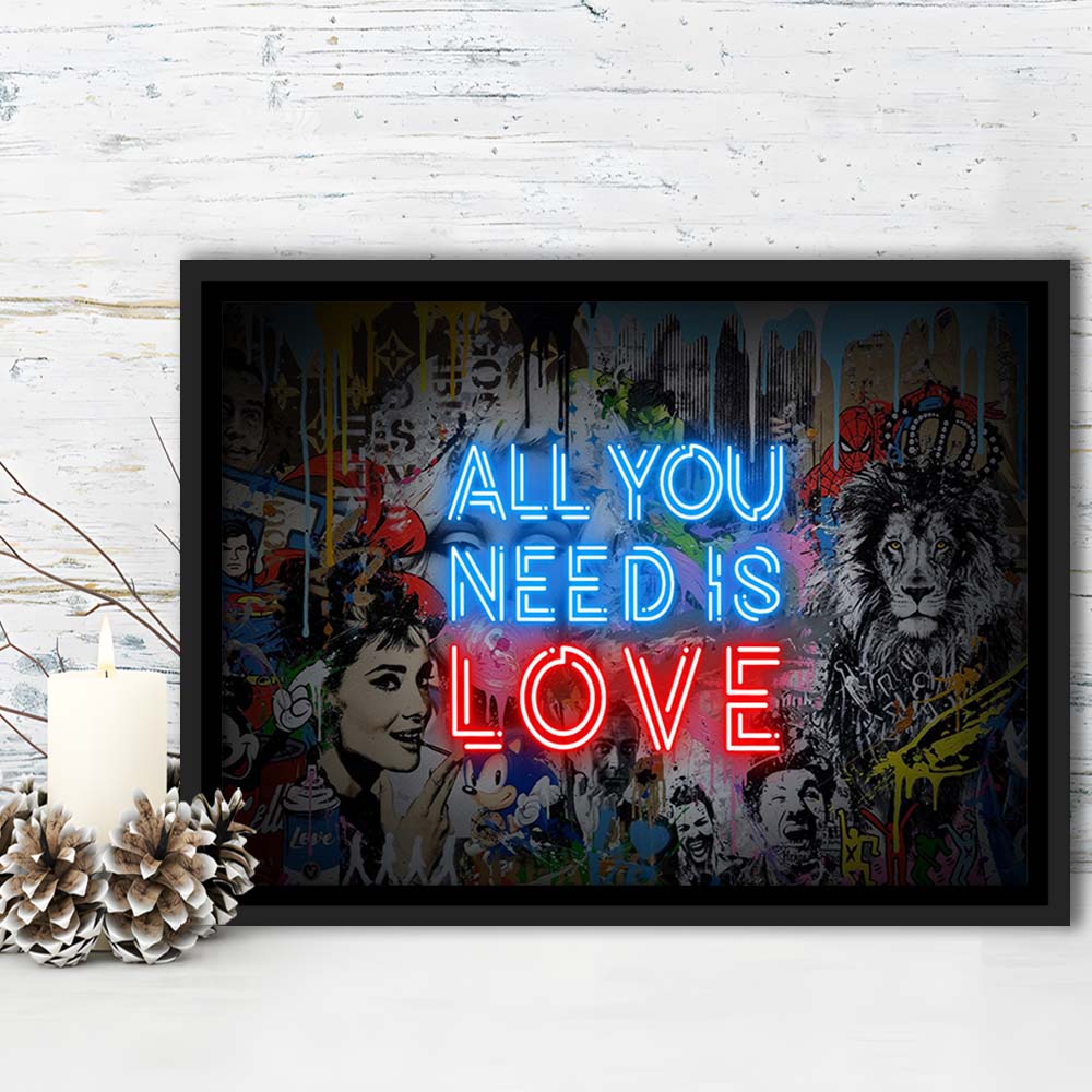 All You Need Is Love Art Print, Framed Canvas Print Wall Art Decor, Floating Frame, Neon Effect Art
