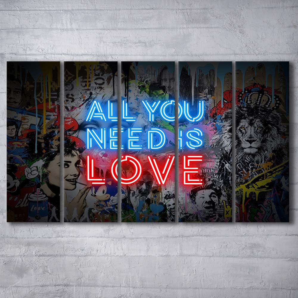 All You Need Is Love Art Print, Extra Large 5 Panels Multi Canvas Print Wall Art, Home Decor